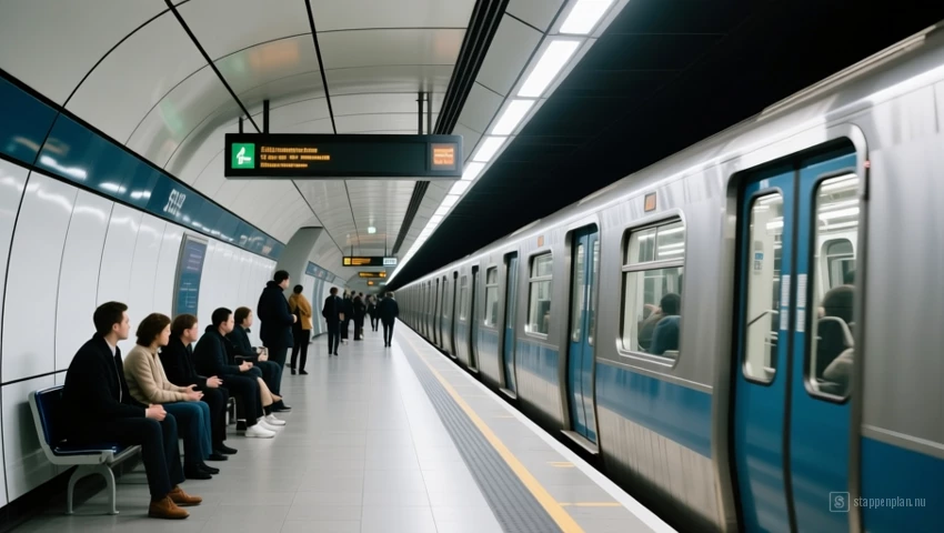 Een modern metrostation met mensen die op de trein wachten.