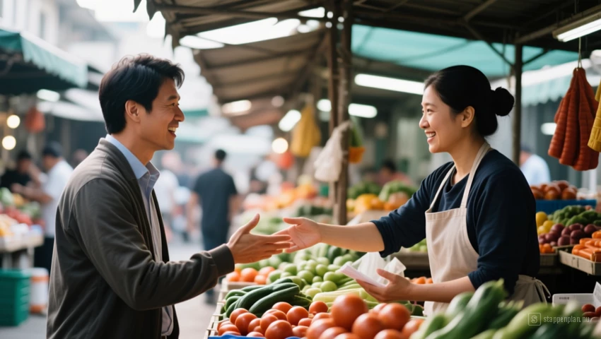 Persoon onderhandelt beleefd met een verkoper op een markt.