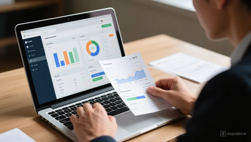 Persoon die uitgaven op een laptop controleert.