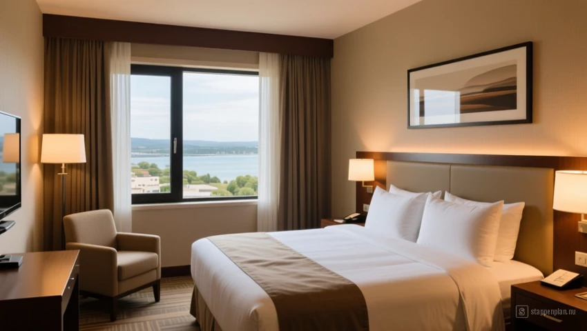 Gezellige hotelkamer met uitzicht.