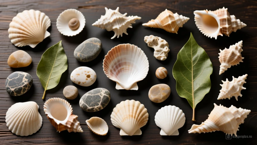 Collectie natuurlijke souvenirs zoals schelpen, stenen en bladeren.
