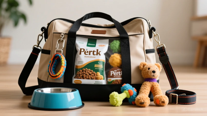 Tas gevuld met dierenvoer, waterbak, riem en speelgoed.