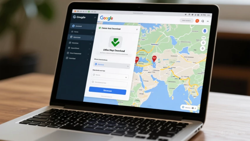 Laptop met Google Maps en de instellingen voor het downloaden van offline kaarten geopend.