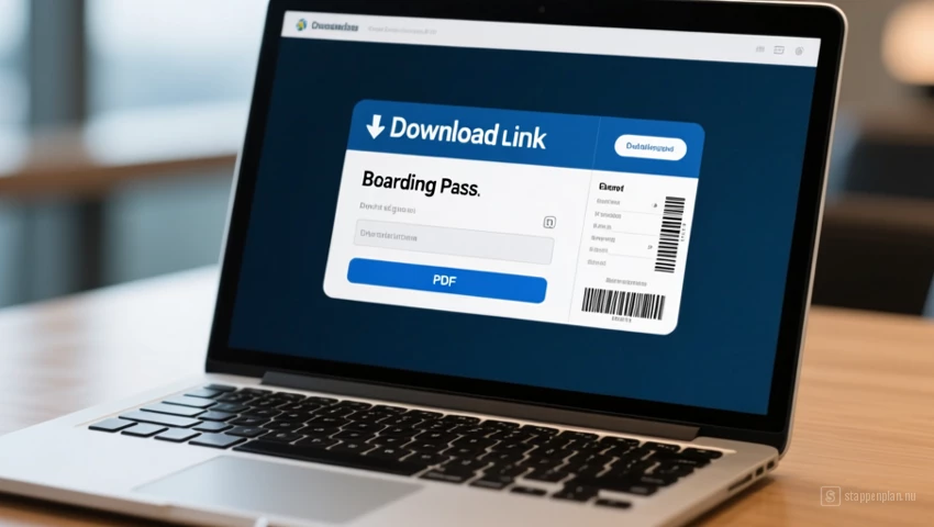 Een laptopscherm met een downloadlink voor een boarding pass in PDF-formaat.