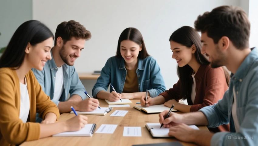 Vriendengroep die samenwerkt aan een tafel, waarbij iedereen aantekeningen maakt over zijn/haar toegewezen taken.