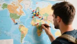 Een persoon die een lange reis plant, kijkt naar een wereldkaart met spelden op de bestemmingen.