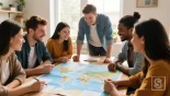 Vriendengroep die een reisroute bespreekt aan een tafel met een landkaart.