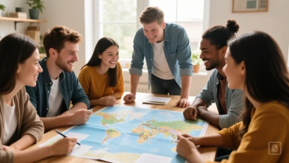 Vriendengroep die een reisroute bespreekt aan een tafel met een landkaart.