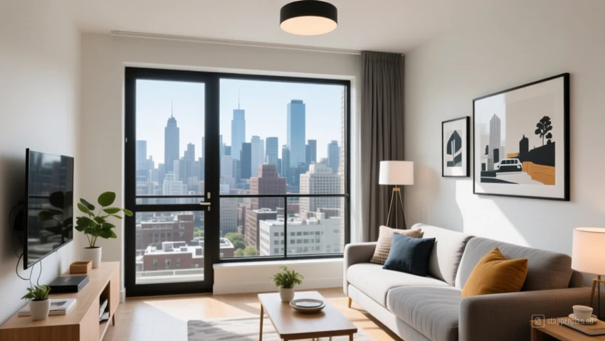 Een modern Airbnb appartement met uitzicht op de stad.