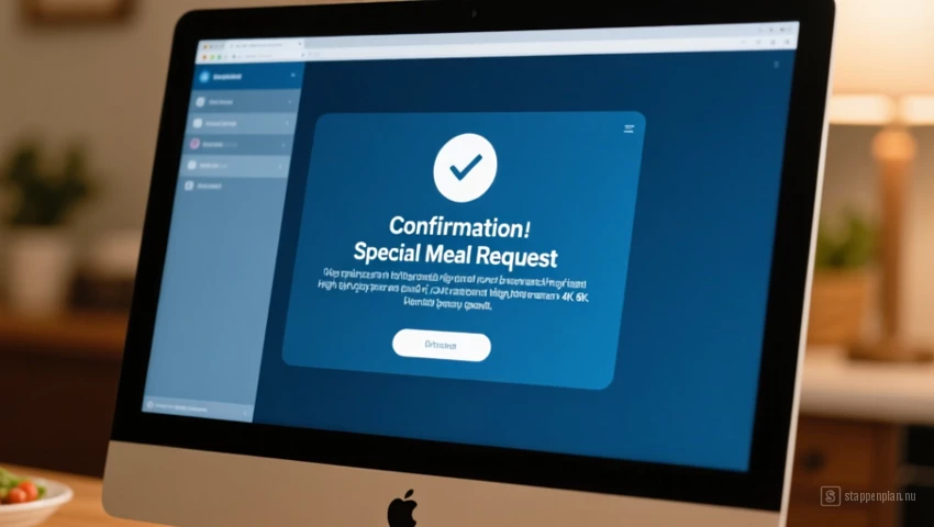 Een computerscherm waarop een bevestigingsbericht voor een verzoek om een speciale maaltijd te zien is.