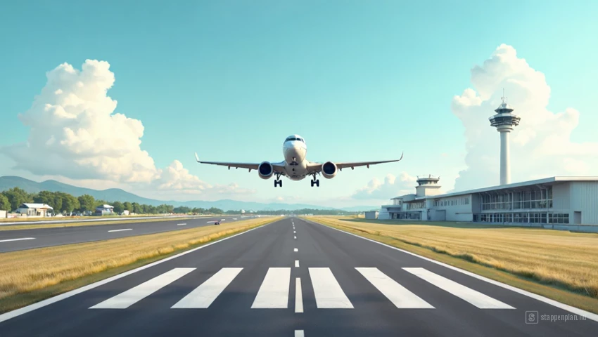 Een illustratie van een vliegtuig dat landt op een kleinere, regionale luchthaven.