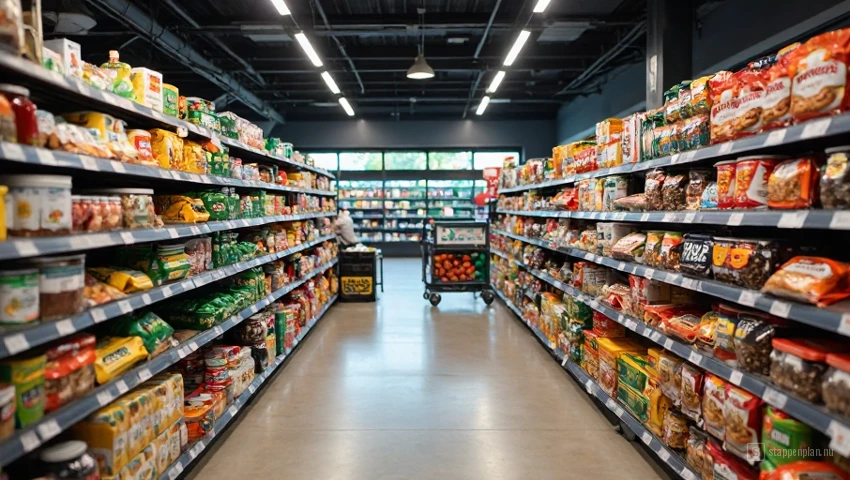 Supermarktgang met diverse voedingsmiddelen.