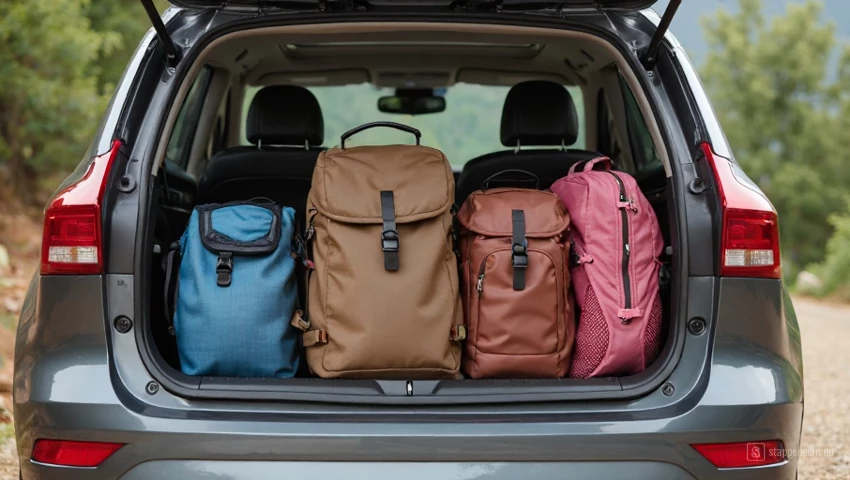 Auto die wordt ingepakt met bagage, rugzakken en kampeeruitrusting.