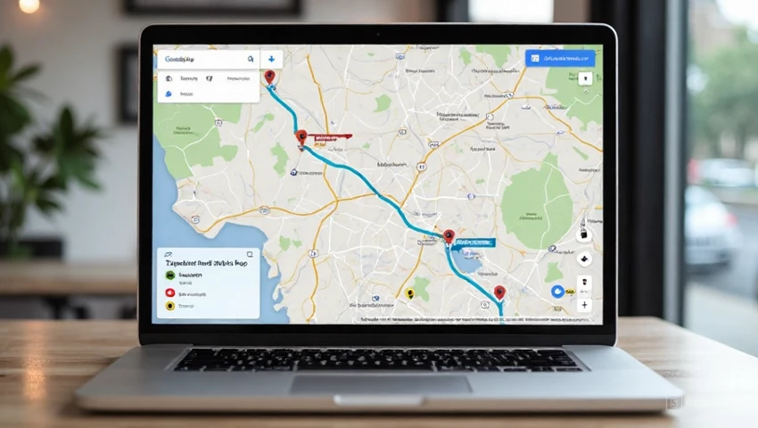 Laptop met Google Maps interface en een route met meerdere toegevoegde stops.