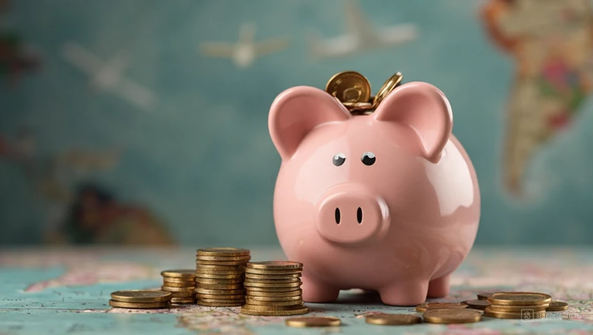 Spaarpot gevuld met munten en reisgerelateerde souvenirs.