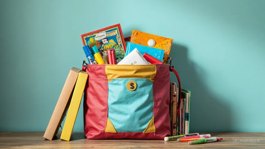 Een kleurrijke tas gevuld met boeken, speelgoed en knutselspullen.