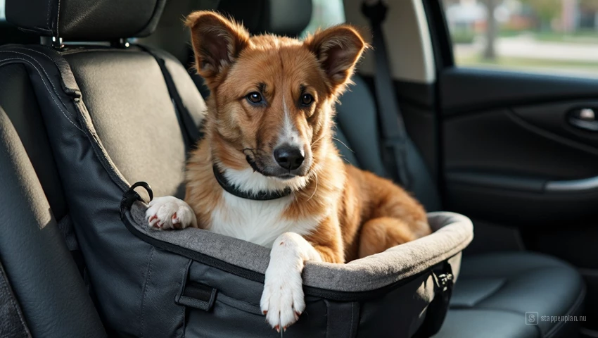 Hond zit comfortabel op een autostoel tijdens een roadtrip.