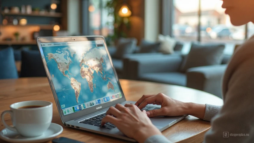 Een persoon die op een laptop naar vluchten zoekt met een koffie op de achtergrond.