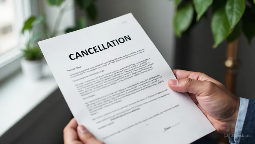 Hand houdt geprinte kopie van annuleringsbevestiging.