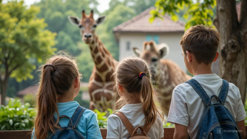 Familie die een dierentuin bezoekt en dieren bekijkt.