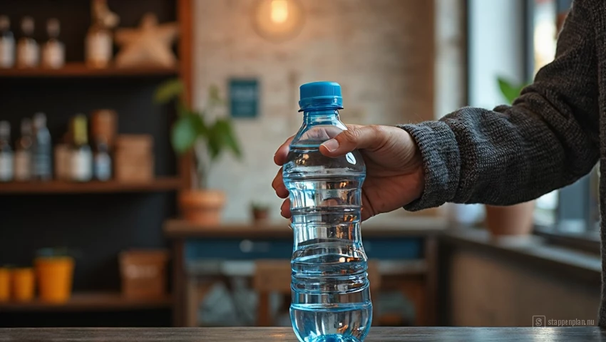 Een persoon die een waterfles vult in een hostel.