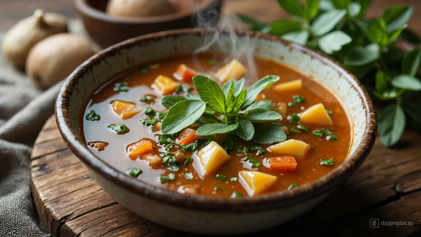 Een dampende kom huisgemaakte soep met verse kruiden.