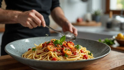 Een persoon die een eenvoudige pastagerecht kookt in een keuken.