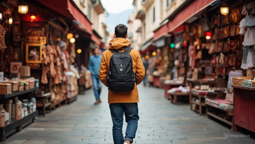 Toerist die wegloopt van een rij souvenirkraampjes.