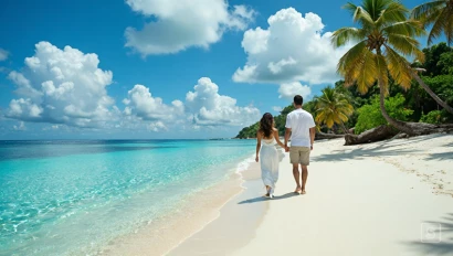 Een tropisch strand met helder water en een koppel dat hand in hand loopt.