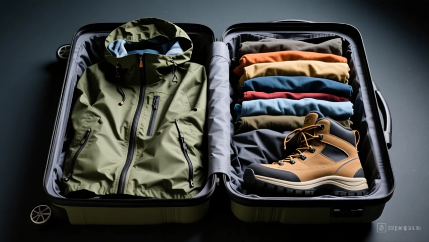 Een open koffer gevuld met gelaagde kleding, waterdichte jas en wandelschoenen.