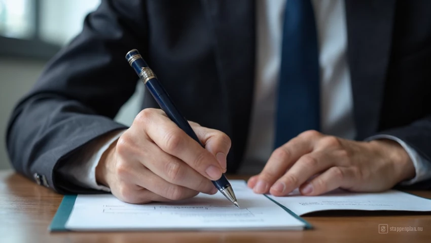 Een close-up van een consulaire ambtenaar die aantekeningen maakt tijdens een interview.