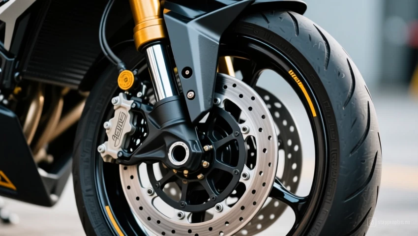Motorfiets voorwiel met blootgelegde remklauw, klaar voor inspectie.