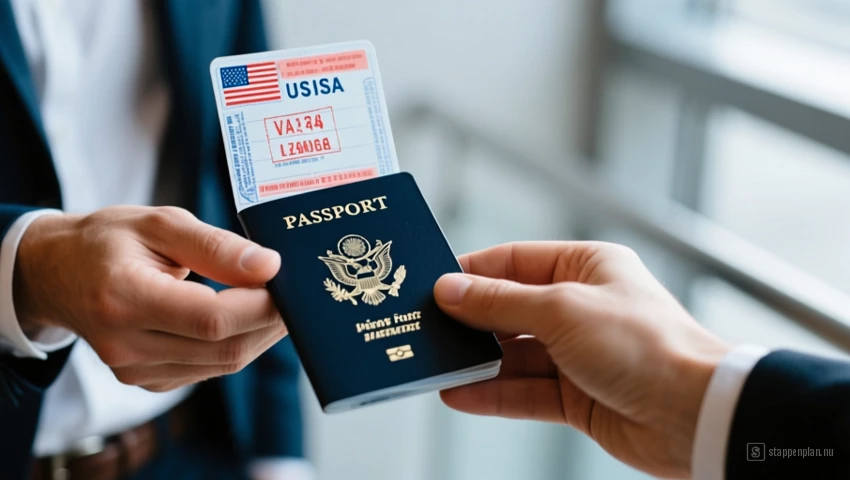 Iemand die zijn paspoort ontvangt met een Amerikaans visumstempel.