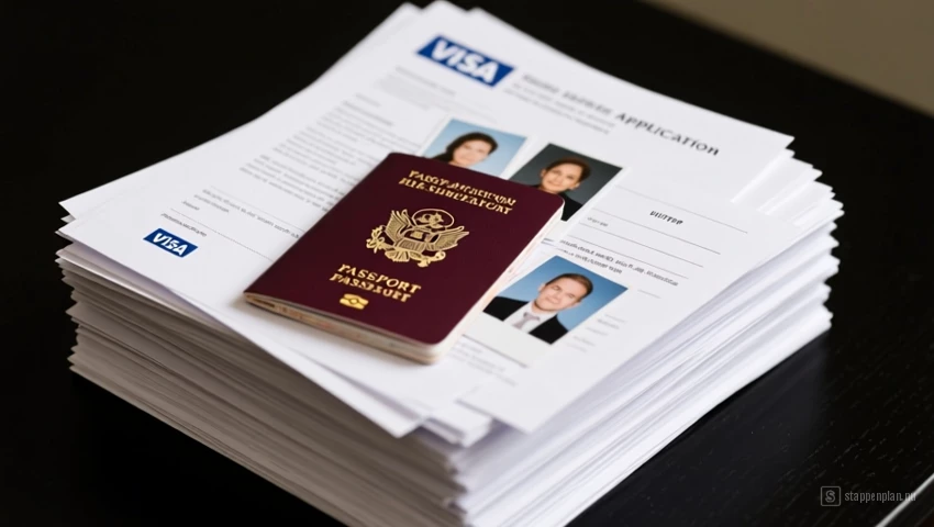 Een netjes georganiseerde stapel visumaanvraagdocumenten.