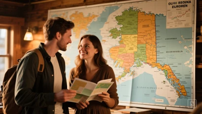 Een koppel bespreekt reisplannen met een kaart van Alaska op de achtergrond.