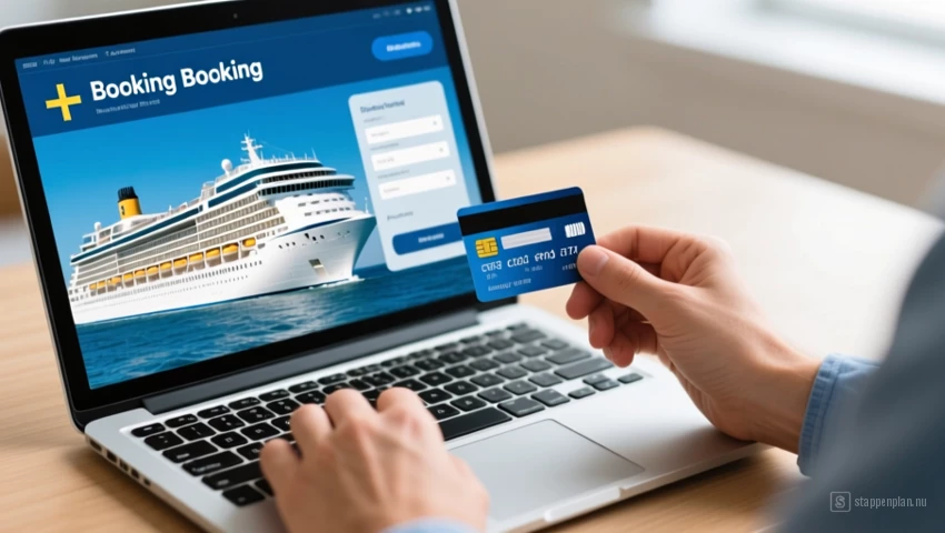 Een persoon die een cruiseboeking op een laptop voltooit, met een creditcard in zijn hand.