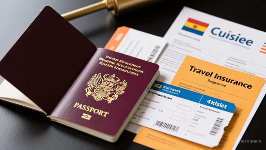Een paspoort dat open ligt naast een cruiseticket en reisverzekeringsdocumenten.