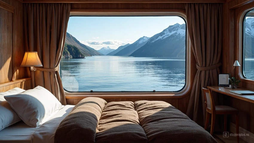 Een gezellige cruiseschipcabine met een raam met uitzicht op de kustlijn van Alaska.