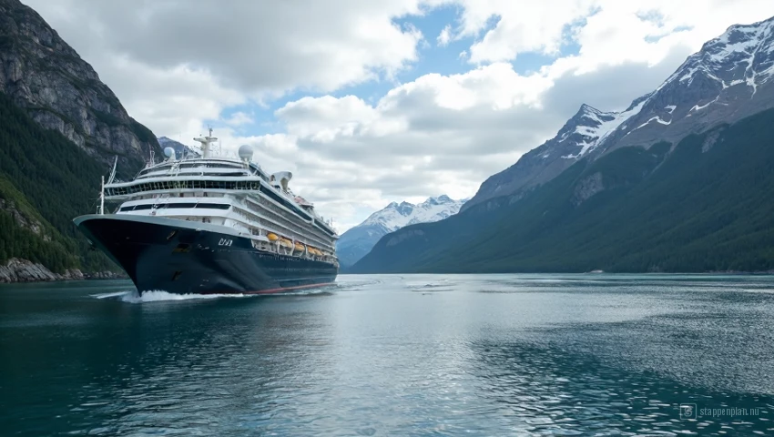 Een groot cruiseschip dat door de Inside Passage van Alaska vaart, met torenhoge bergen aan beide zijden.