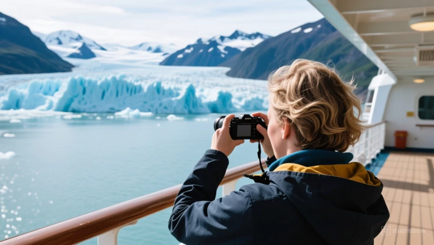Een persoon die een foto van een gletsjer maakt vanaf het dek van een cruiseschip.