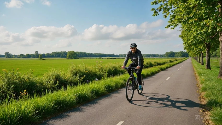 Een fietser die op een goed onderhouden fietspad door het Nederlandse landschap rijdt.