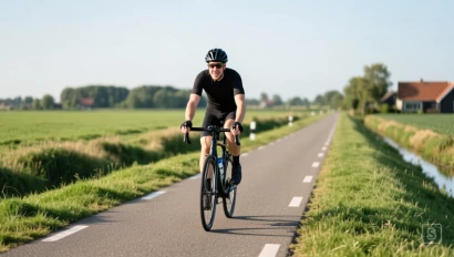 Een fietser die op een goed onderhouden fietspad door het Nederlandse landschap rijdt.