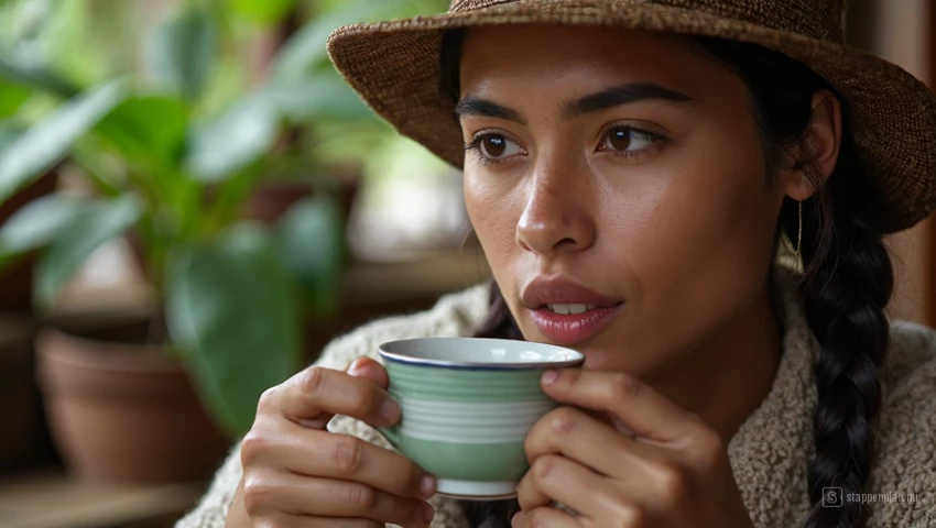 Persoon die coca thee drinkt in een traditionele Peruaanse omgeving.