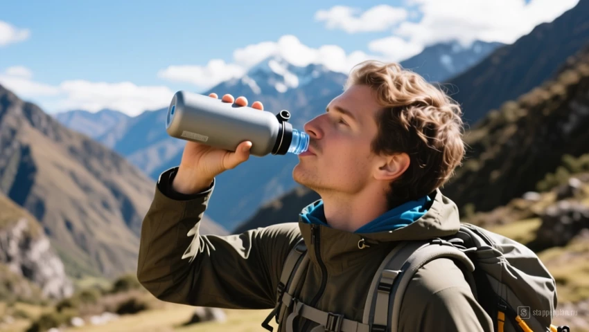 Reiziger die water drinkt uit een herbruikbare fles in de Peruaanse bergen.