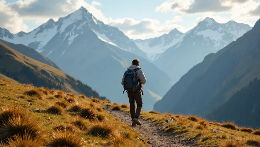 Reiziger die rustig wandelt in de Andesbergen.