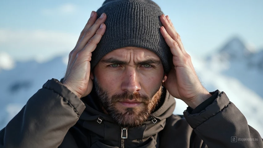 Persoon die hoofdpijn en vermoeidheid ervaart, mogelijk door hoogteziekte.