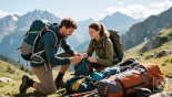 Een koppel controleert hun wandeluitrusting voor een meerdaagse trektocht.