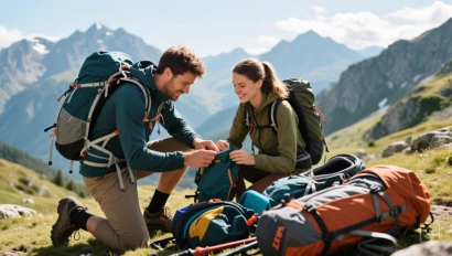 Een koppel controleert hun wandeluitrusting voor een meerdaagse trektocht.