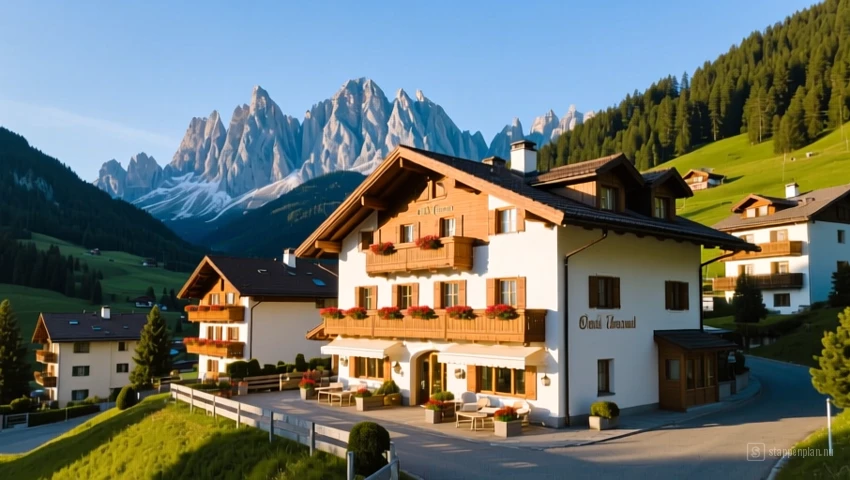 Een charmant hotel met uitzicht op de bergen in een Dolomieten-dorp.