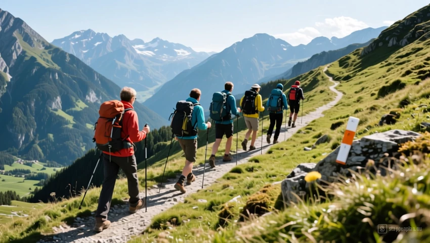 Een groep wandelaars die een gemarkeerd pad in de bergen volgen.